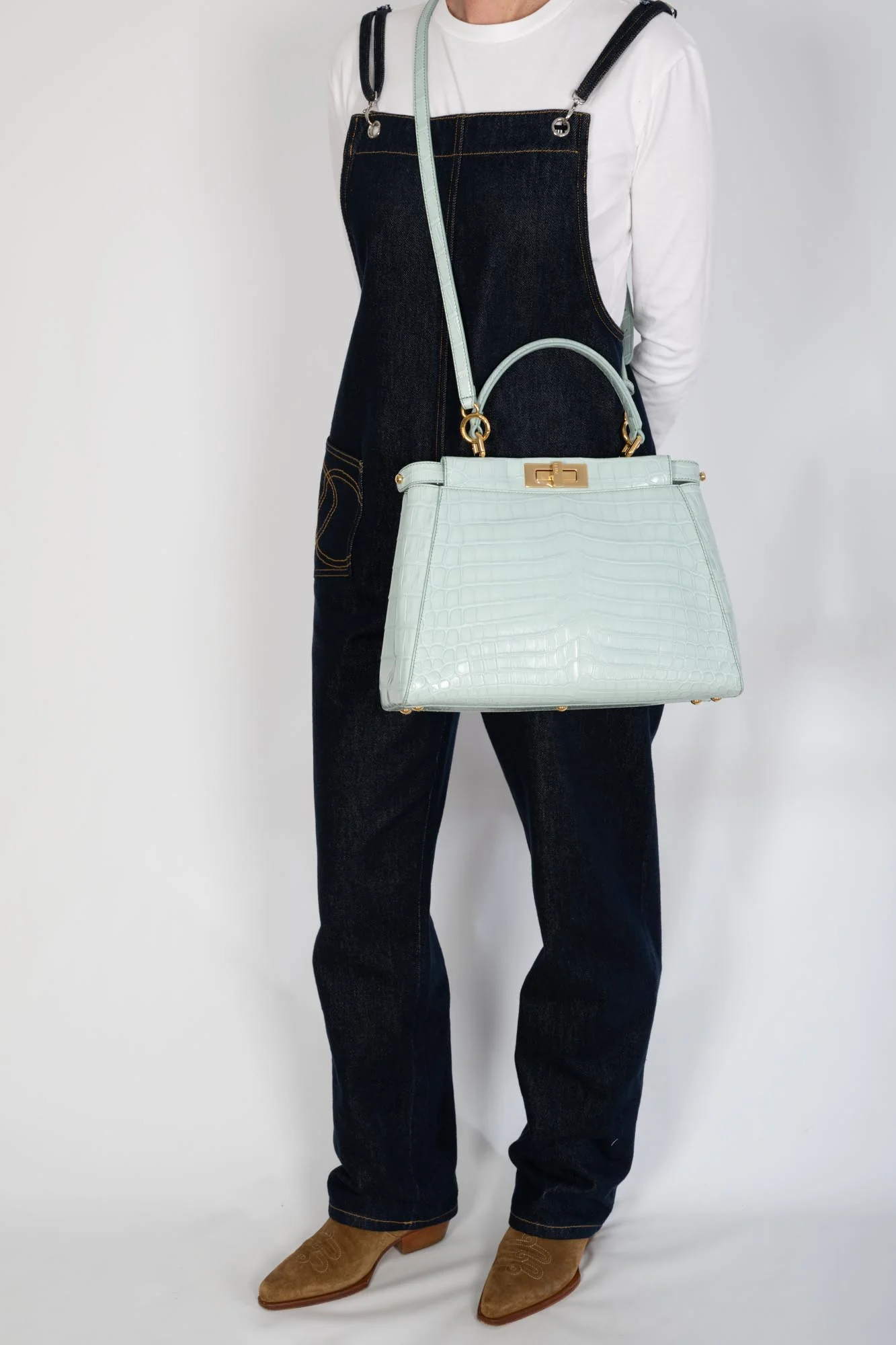 Fendi Peekaboo Medium Pale Blue Crocodile Soft Gold Hardware