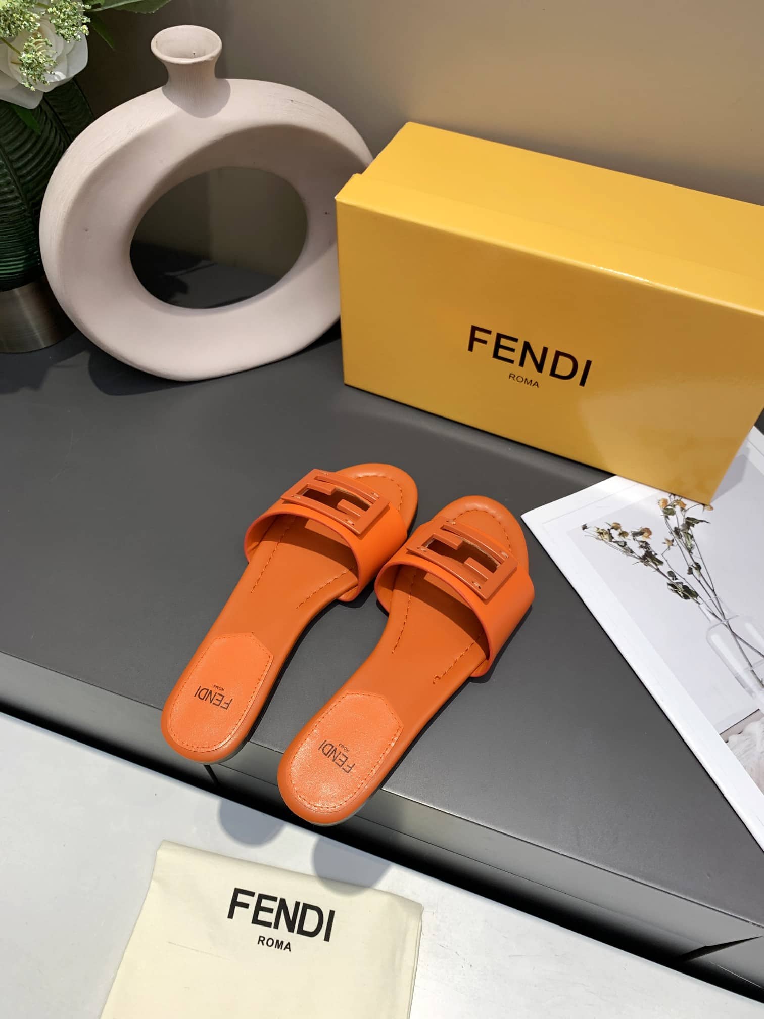 Fendi Signature Leather Sandals Slide Orange