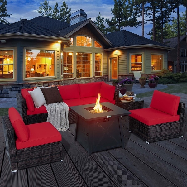 7PCS Patio Conversation Set Furniture Set w /50,000 BTU Fire Pit Table