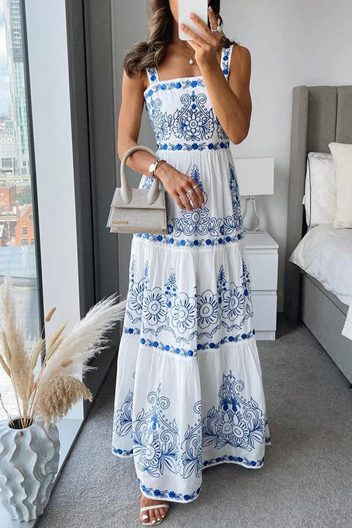 Tiered Square Neck Maxi Dress | Unique PrintClistos