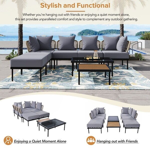 8Piece Patio Sectional Sofa Set with Tempered Glass Coffee Table and Wooden Coffee Table
