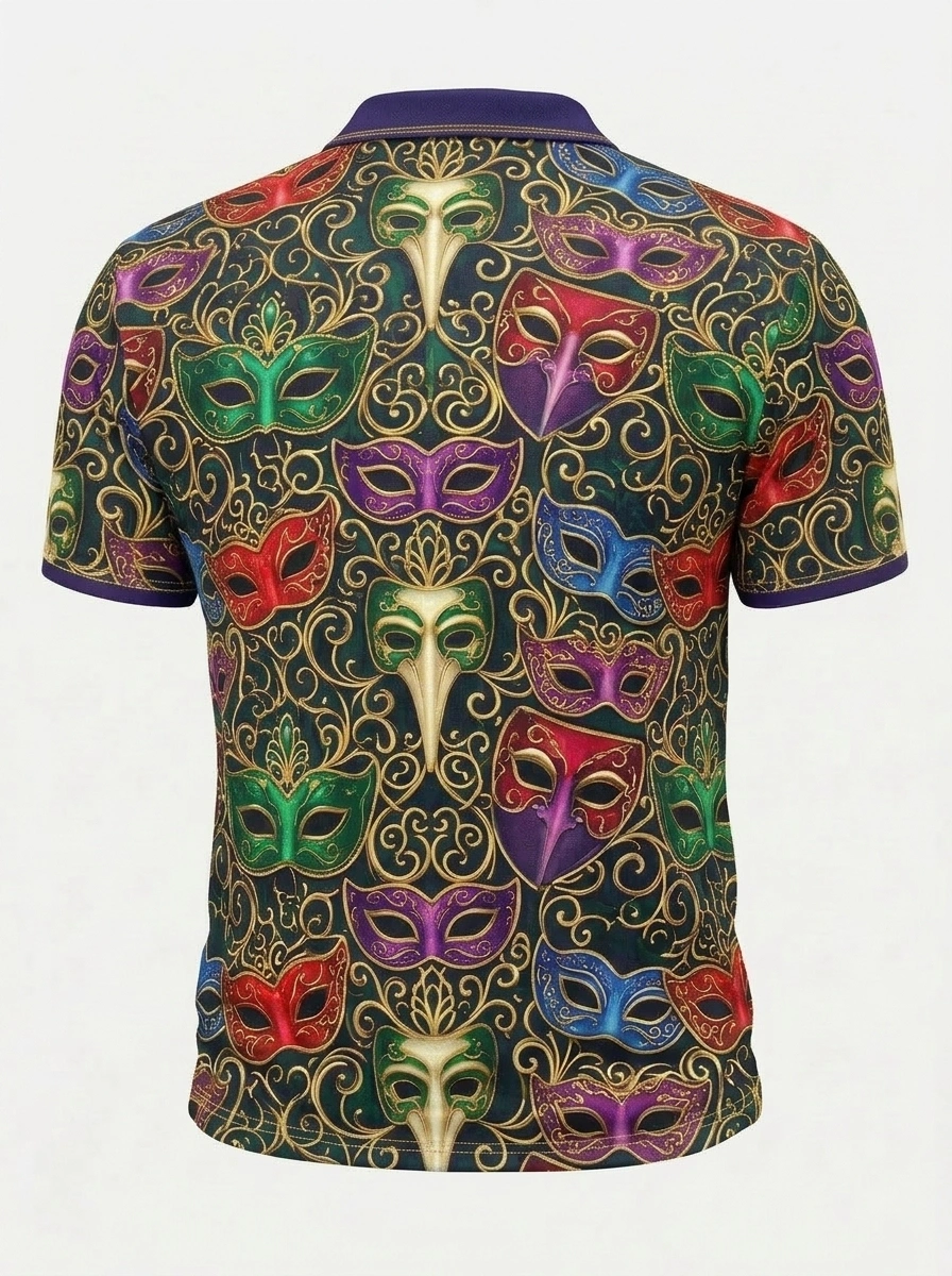 Moisture Wicking Golf Polo 3D Multicolor Mardi Gras Mask Button Short Sleeve Golf Polo Shirt