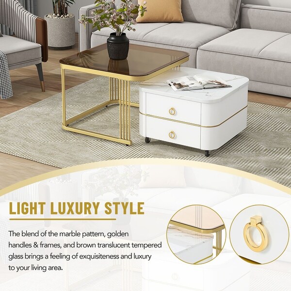 Mieres Stackable Coffee Table,Nesting Tables with Brown Tempered Glass,Wheels and Drawers and High Gloss Marble Grain Top