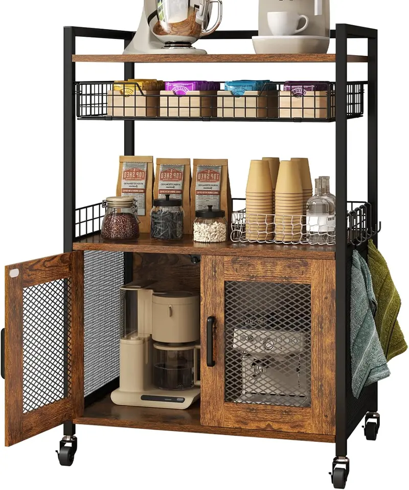 Rustic Brown Rolling Coffee Station – 3-Tier Bar Cart with Hooks & Wire Basket