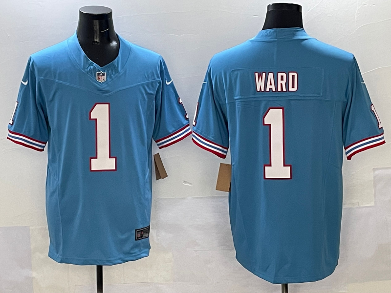 Men's Tennessee Titans Cameron Ward #1 Light Blue 2025 NFL Draft First Round Pick Game Jersey