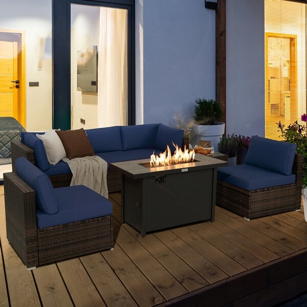 Gymax 7PCS Patio Rattan Furniture Set Fire Pit Table Cover Cushion