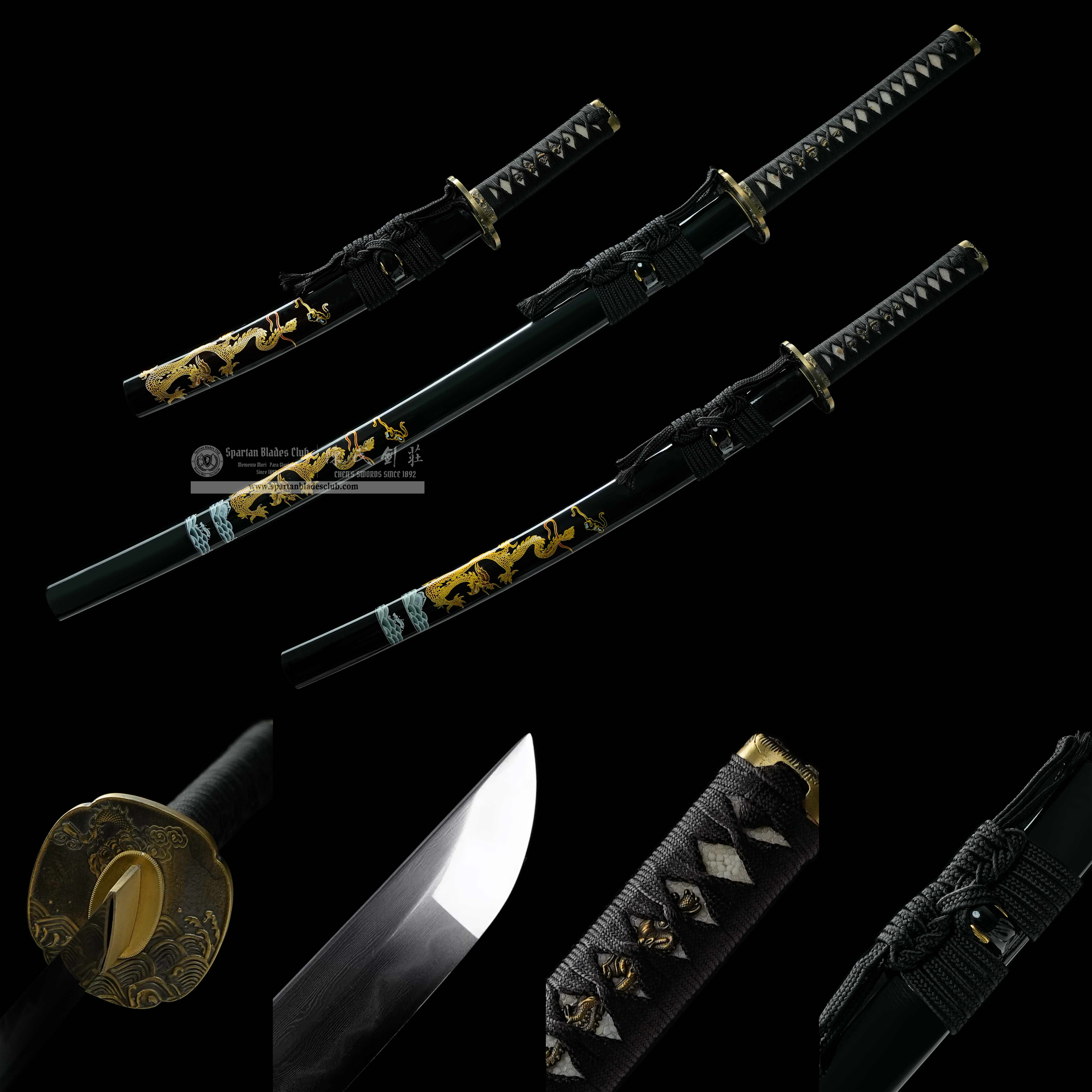 HY197 | Xuanjiao Du | Daisho Set | Katana&Wakizashi&Tanto | Damascus Steel | Black | Loong(Chinese Dragon) | Clay Tempered Real Hamon | Wave | Battle Ready | Full tang | Spartan Blades Club (陳氏劍莊 CHEN'S SWORDS 1892) - Spartan Blades Club - 陳氏劍莊1892