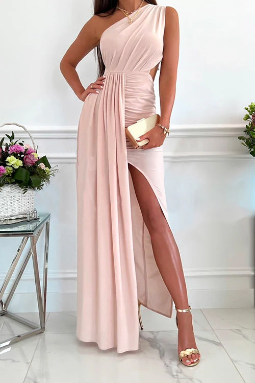 One Shoulder Maxi Dress with Cut-Out Waist & High SlitClistos