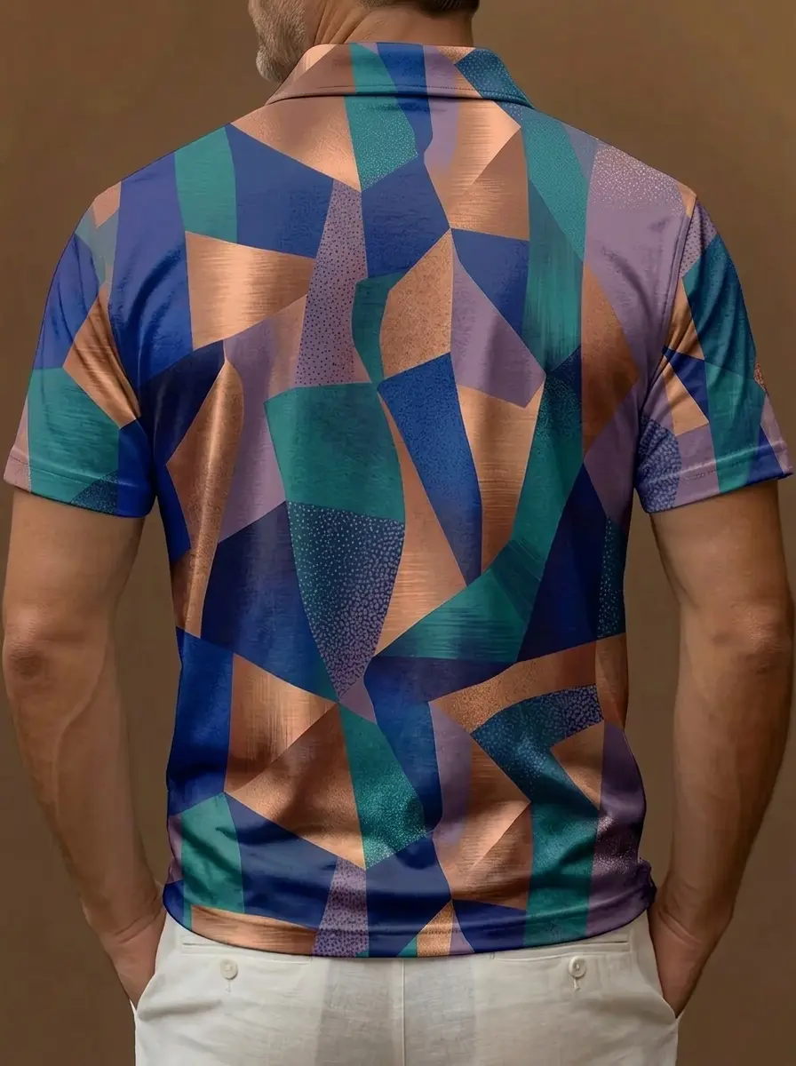 Teal Copper Purple Abstract Geometric Print Short Sleeve Golf Polo Shirt