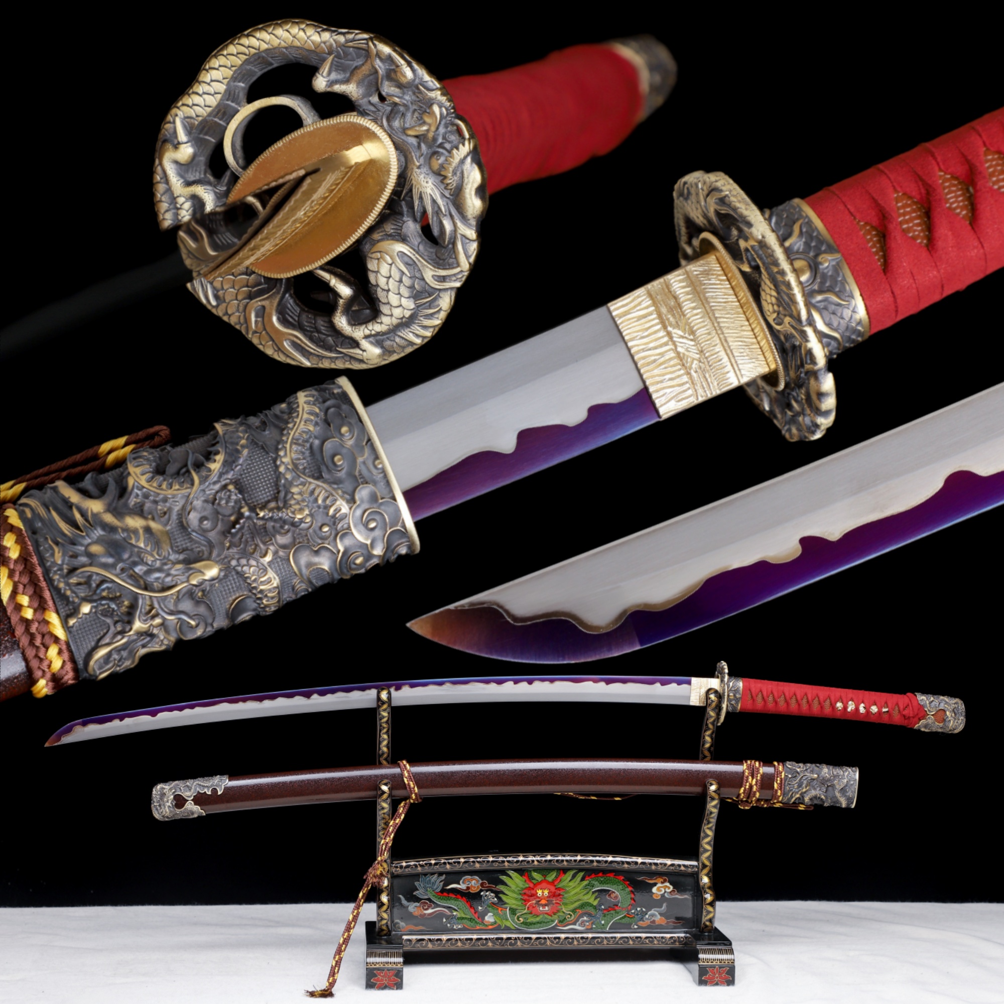Handmade Katana 9260 Spring Steel Purple Blade Dragon Tsuba Full Tang