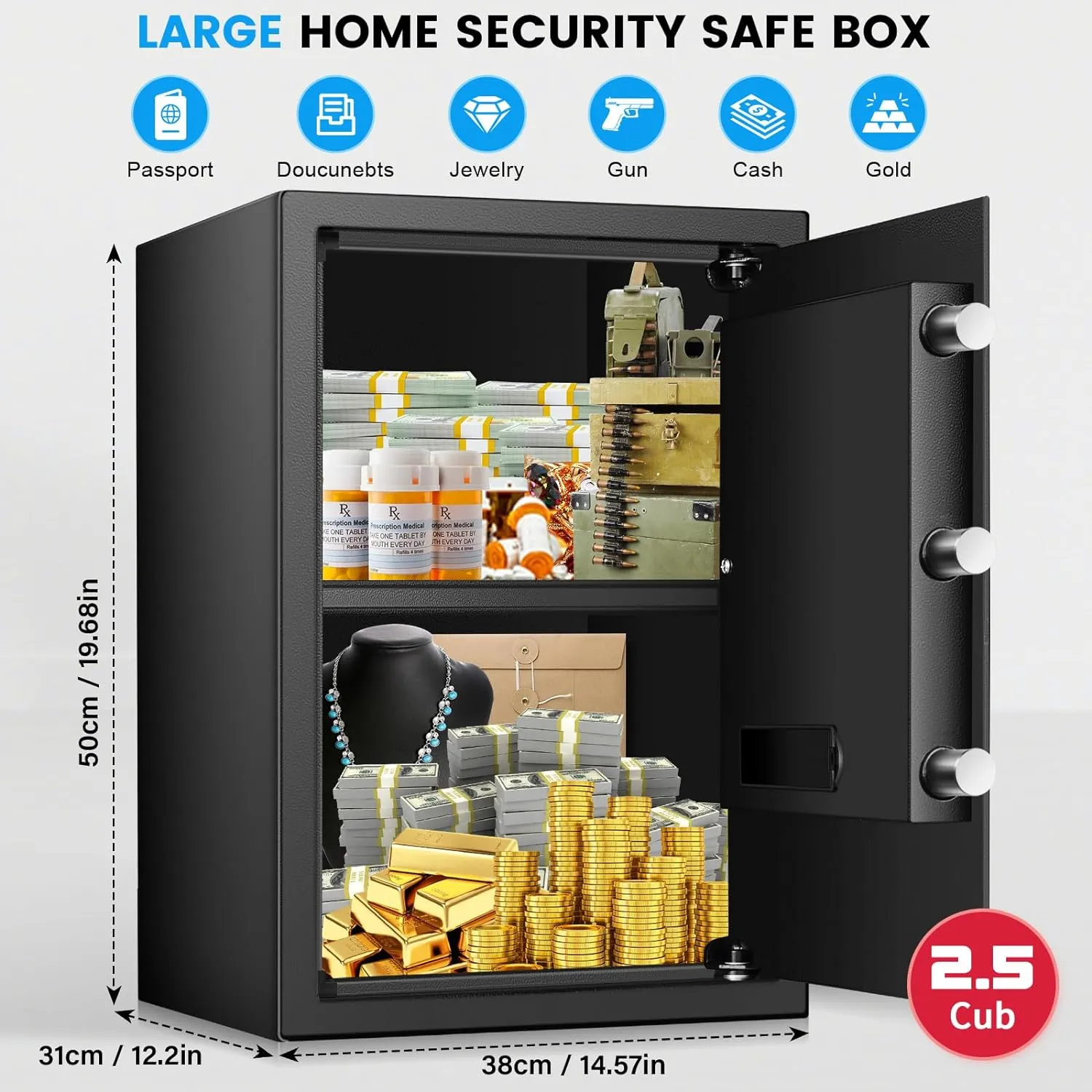 3.8 Cub Large safe is fireproof and waterproof, burglar proof and fireproof safe, with numeric keypad, spare key and 2 removable shelves