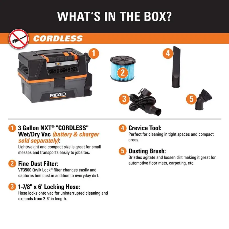 RIDGID 3 Gallon 18-Volt Cordless Handheld NXT Wet/Dry Shop Vacuum (Tool Only) with Filter, Expandable Hose and Accessories HD0318