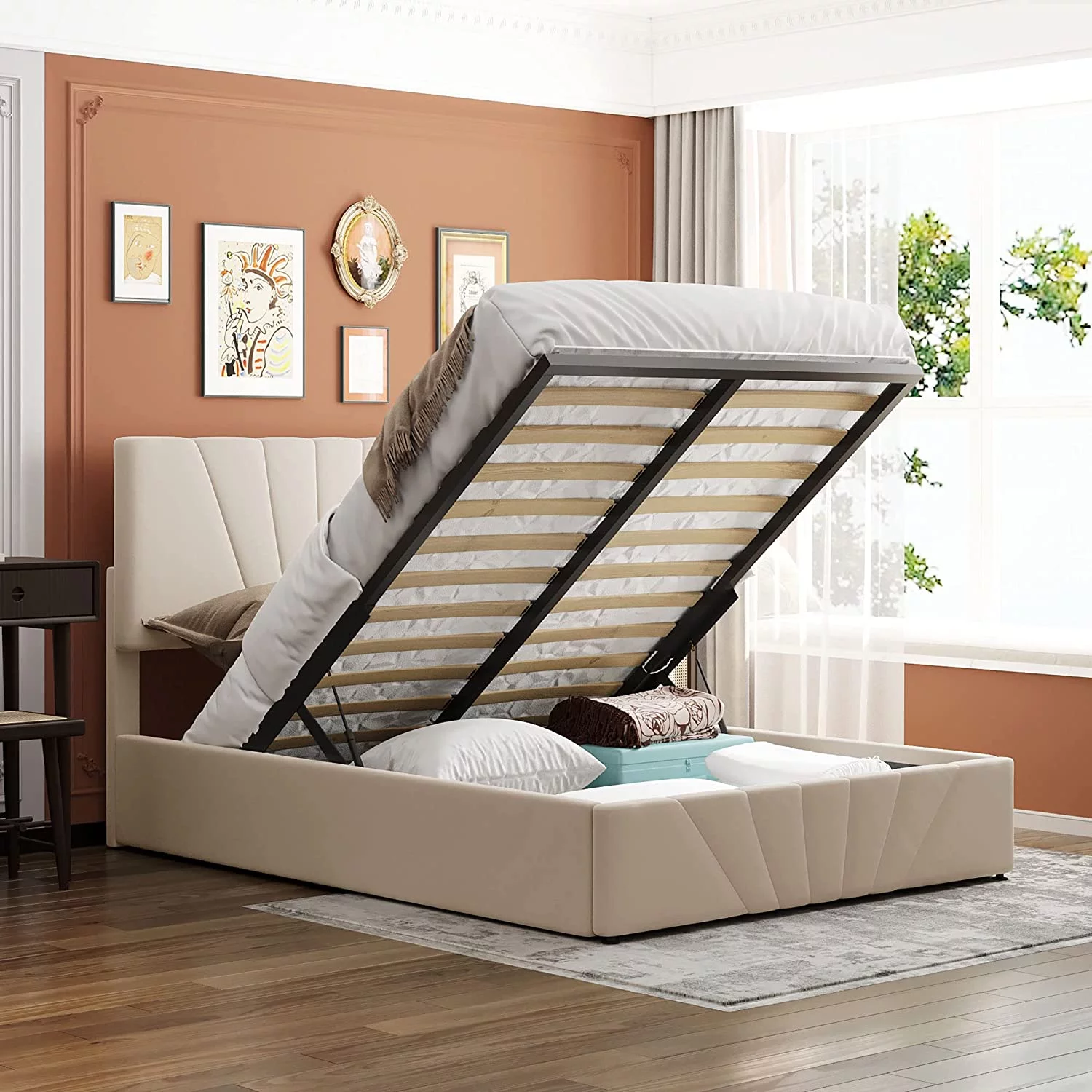 Full Size Upholstered Platform Bed With Storage Underneath, Wooden Full Bed Frame With Headboard And Gas Lift Up Storage For Kids Teens Adults (Beige)