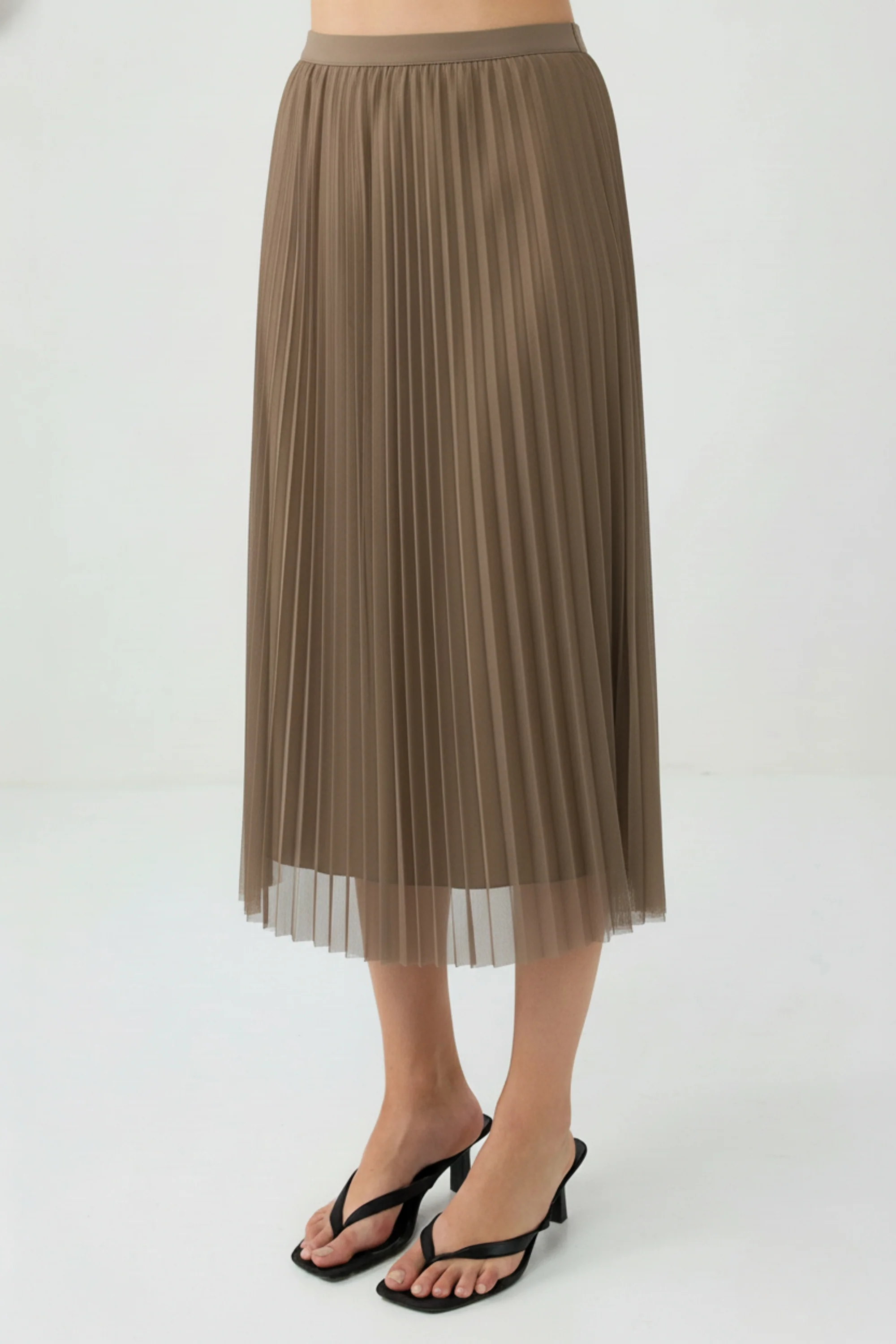 Beige Mesh Pleated Skirt