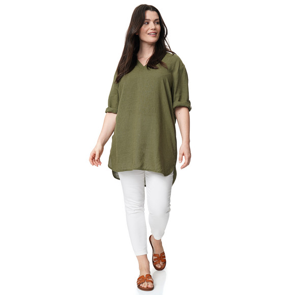 Gina Benotti Damen Leinen-Longbluse mit V-Ausschnitt