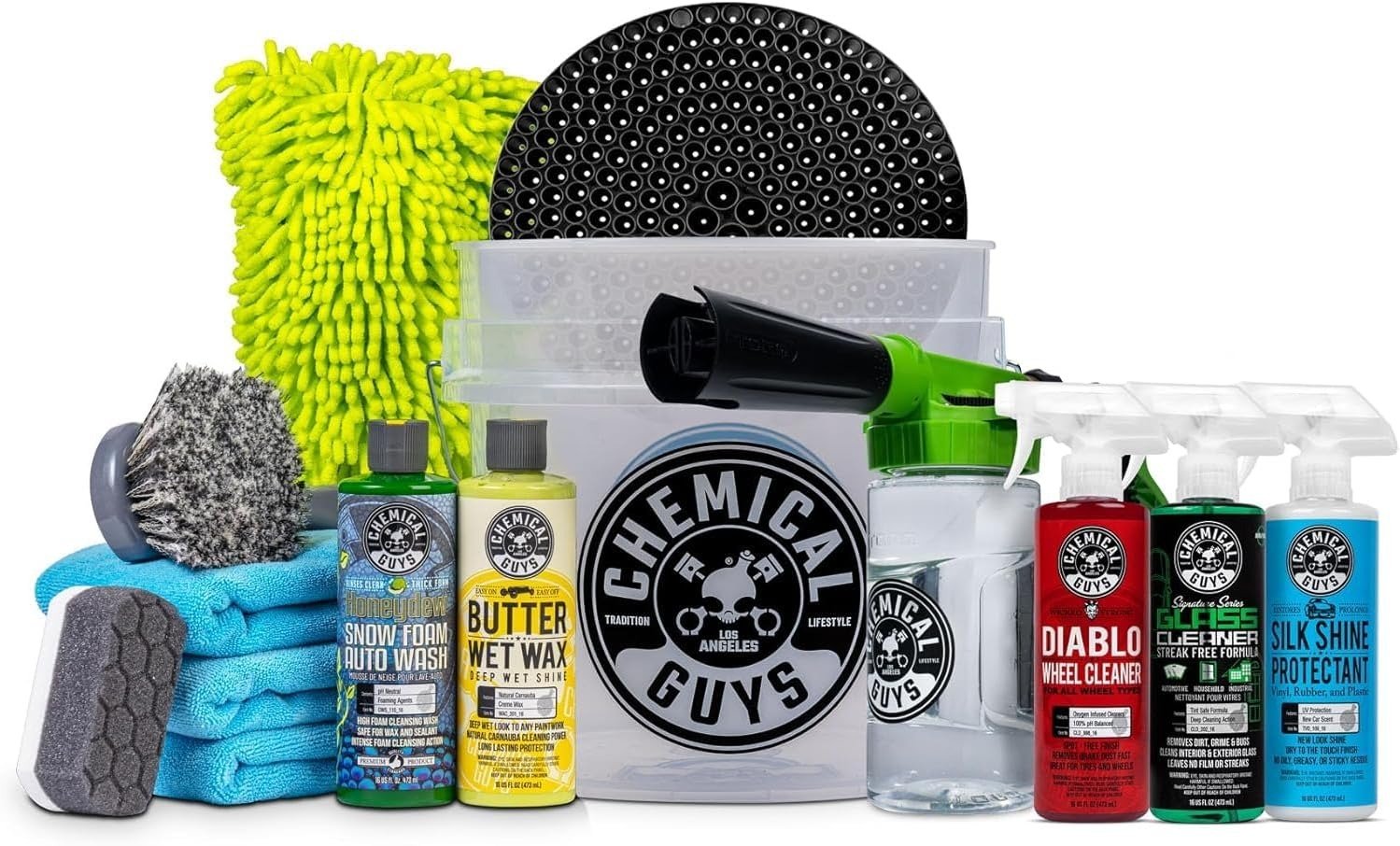 Car Wash Kit 14-Pc Arsenal Builder – with Foam Blaster, Wash Bucket, Towels, Applicators, and 16 oz Soaps, Waxes, and Cleaners, Works with Garden Hose