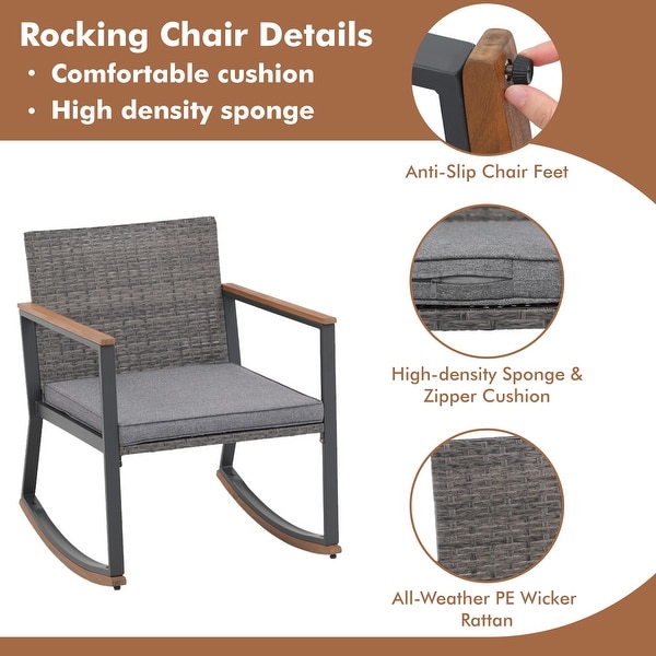 3 Piece Rocking Chair Patio Bistro Set Balcony Chairs Conversation Sets With Coffee Table and Cushions
