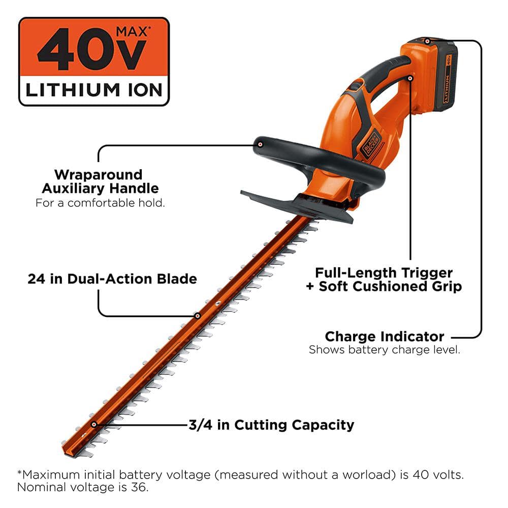 BLACK+DECKER 40V MAX Cordless Battery Powered Hedge Trimmer Kit with (1) 1.5Ah Battery & Charger LHT2436