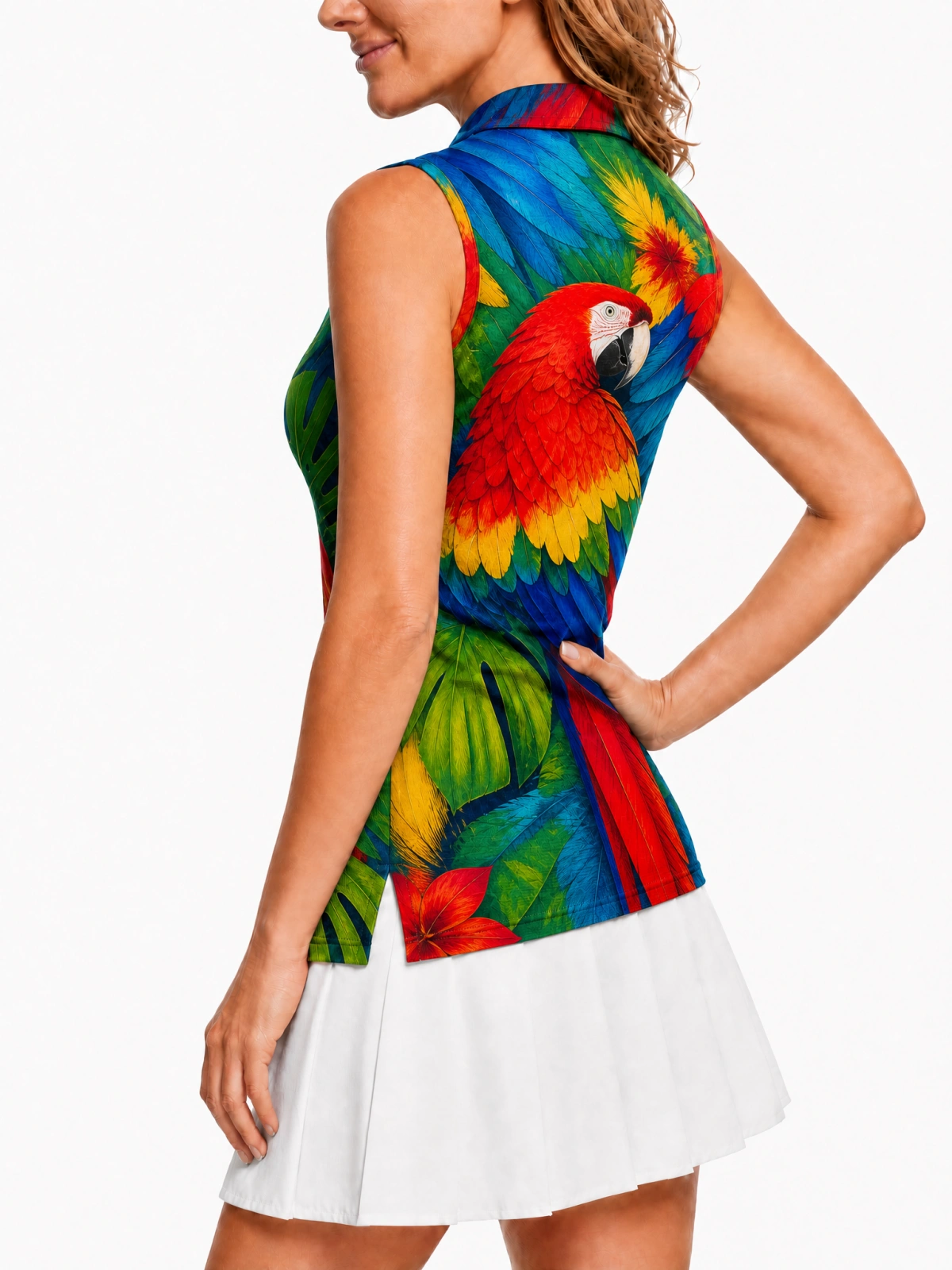 Women Sleeveless Quick Dry Golf Polo Shirt, Tropical Macaw Parrot Floral Print