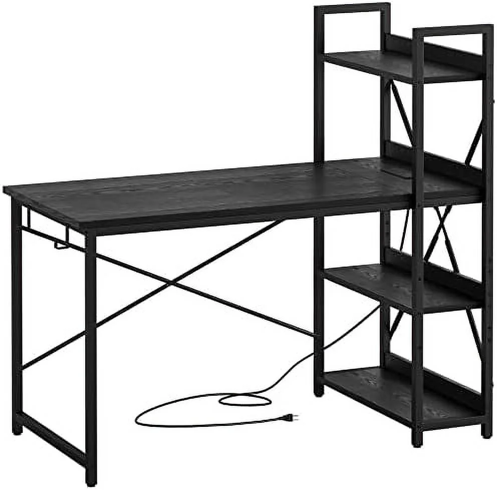 KHBIULIFE Computer Desk 55" with Power Outlet &  Shelves  Study Writing Table with USB Ports Charging Station  PC Desk Workstation for Home Office  Black