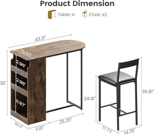 GAOMON Small Kitchen Table for 2, Stylish Bar Table and Chairs Set with Storage Shelves, Perfect for Breakfast Nook or Dining Area, Space-Saving Design in Elegant Brown