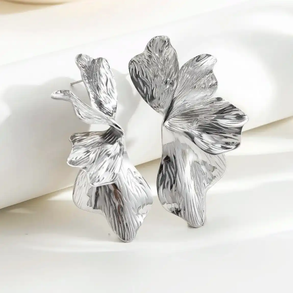 Silver Ginkgo Leaf Layered Flower Earrings for Women