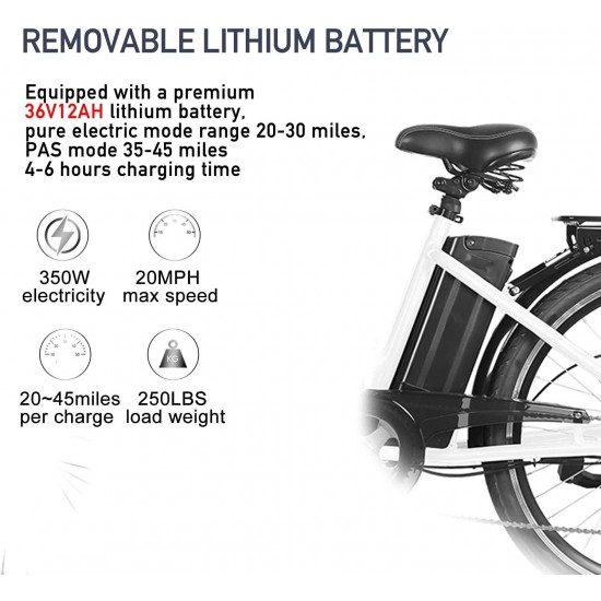 Electric Bike 350W Ebike 26” Electric Bicycle, 20MPH Adults Electric City Bike with Removable 36v12ah Battery, Professional 6 Speed Gears