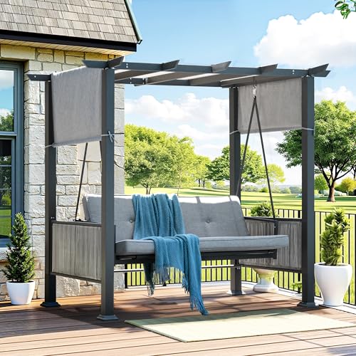 Pamapic 2-in-1 Convertible Porch Swing Bed, 3-Seat Elegant Patio Swing with Wicker Armrests, Outdoor Chair with Adjustable Canopy for Balcony, Garden, and Poolside, Gray