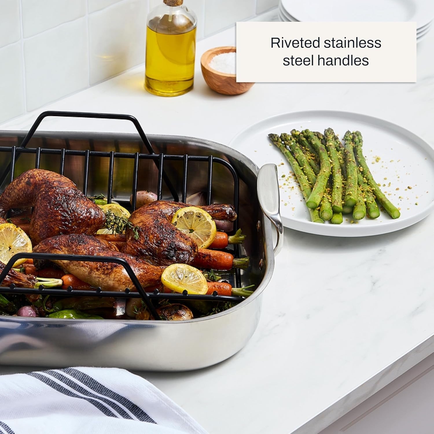 Specialty Stainless Steel Roaster and Nonstick Rack 16x13x5 Inch Oven Broiler Safe 600F Roaster Pan, Pots and Pans, Bakeware, Turkey, Silver