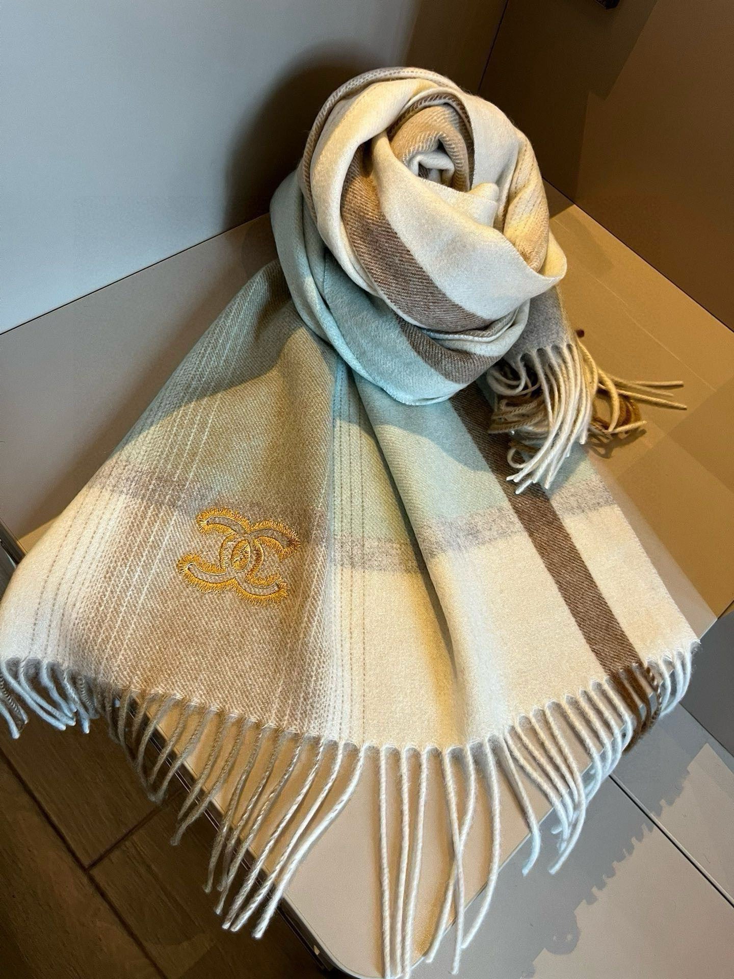 Chanel Cashmere Scarf Striped Beige For Women 190cm