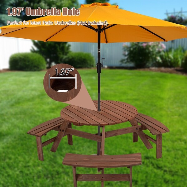 6Person Circular Outdoor Wooden Picnic Table with 3 Builtin Benches