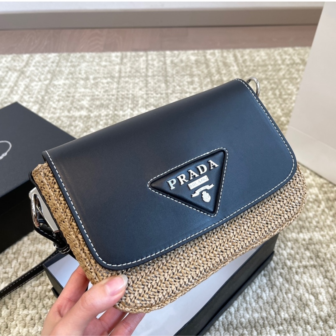 Prada Raffia And Leather Crossbody Bag Naturale Brown 20Cm