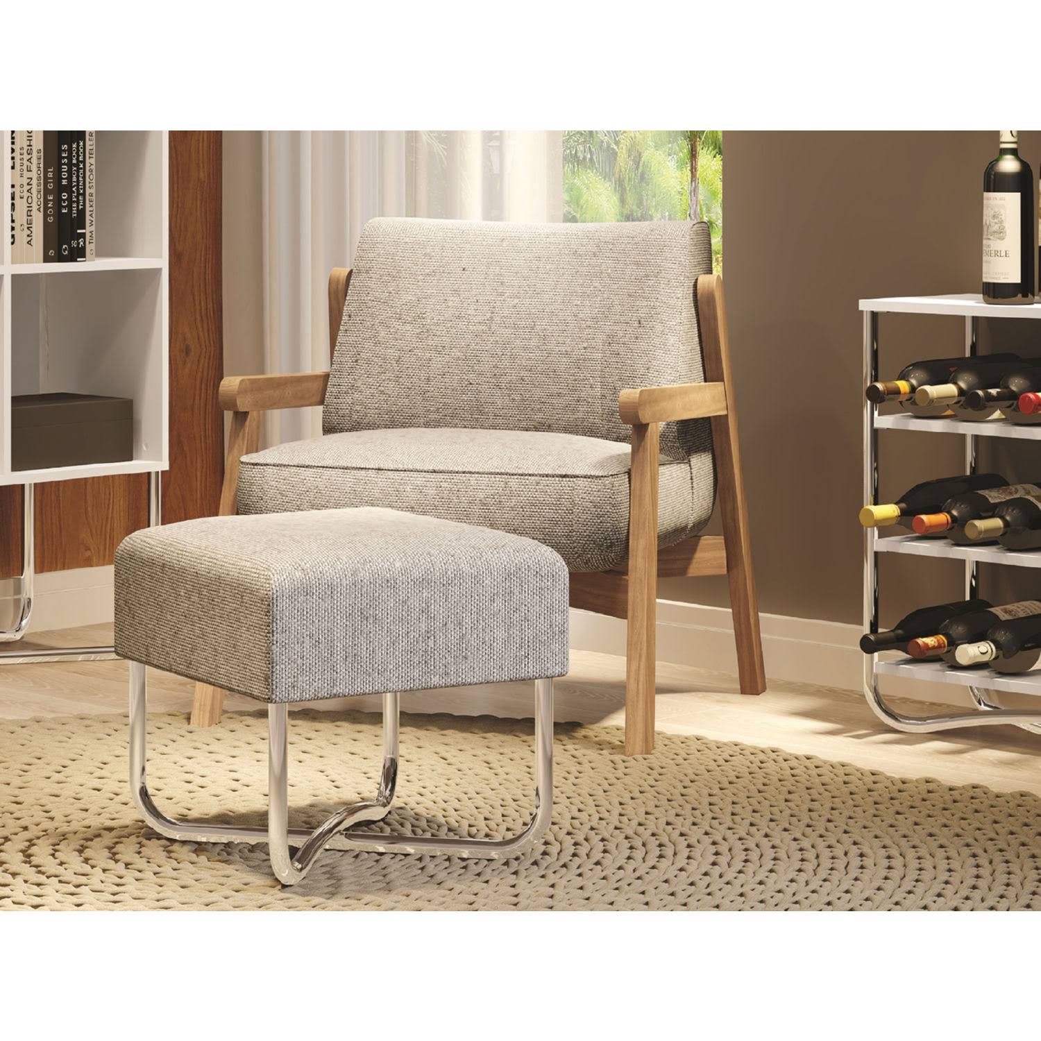 Casabianca Ace Bench Light Gray Linen Fabric Chrome Base