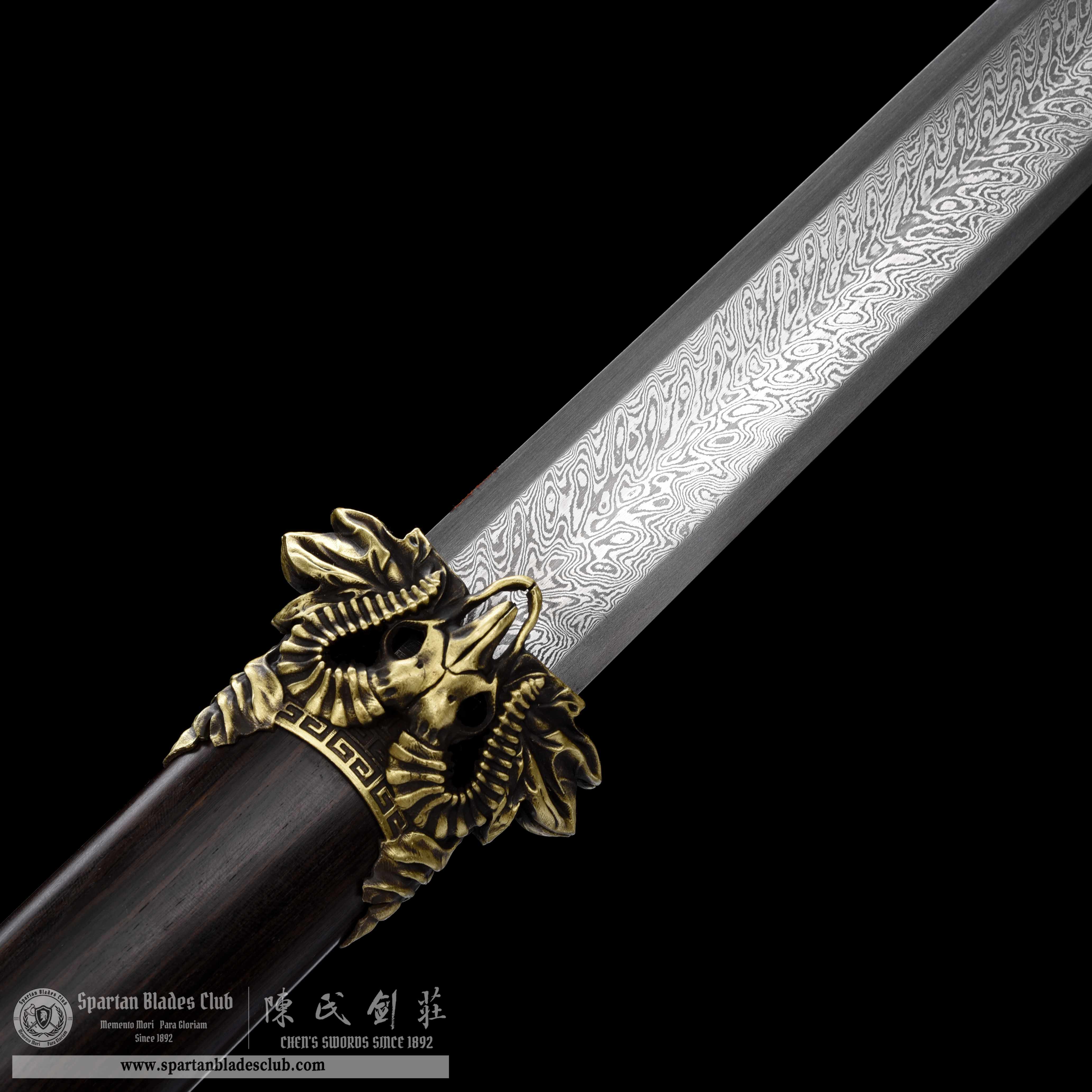 QQ08｜Yanghu Sword｜Chinese Jian｜Damascus Steel｜Goat｜Black&brown｜Battle-Ready｜Full-tang｜Spartan Blades Club｜CHEN'S SWORDS 1892 - Spartan Blades Club - 陳氏劍莊1892