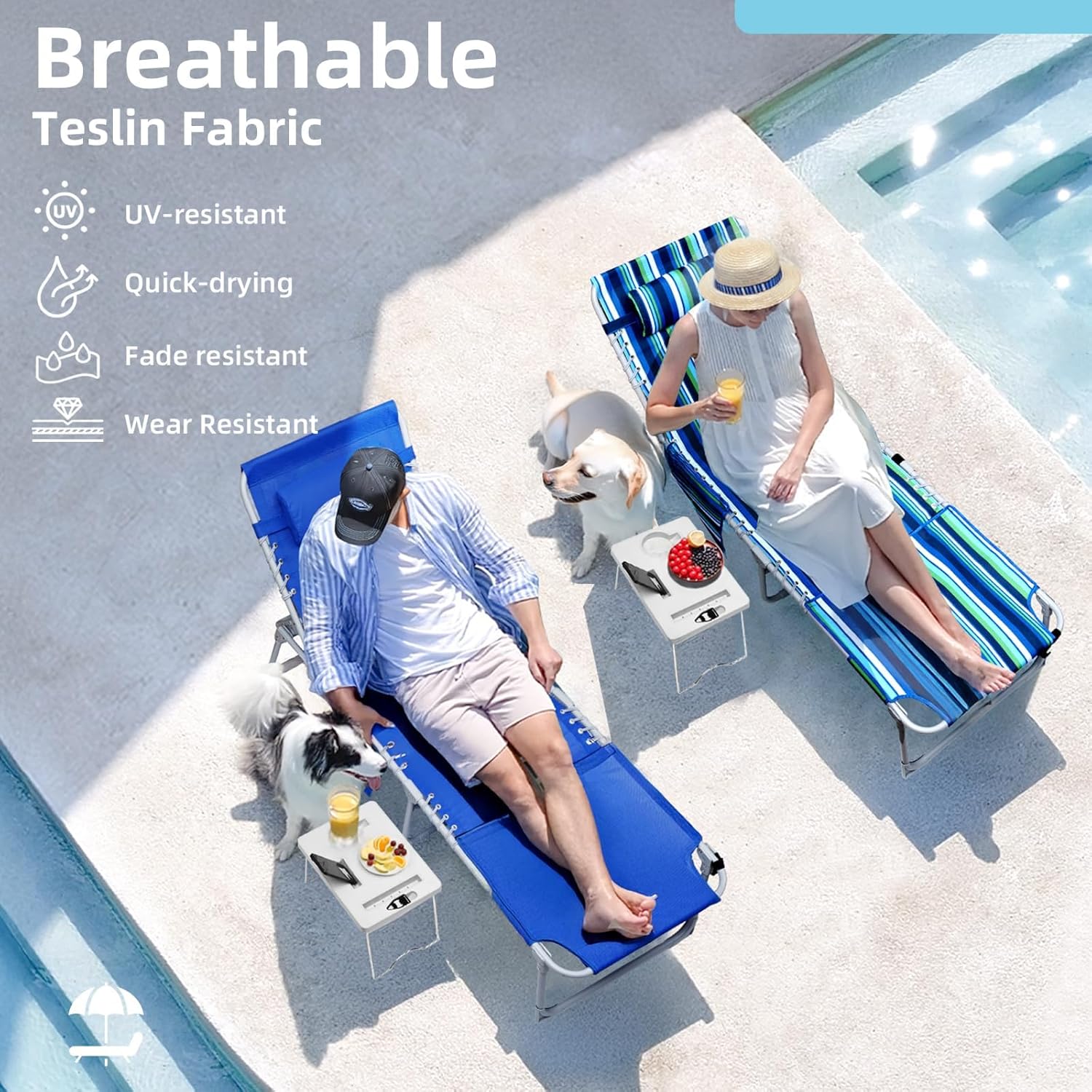 2026 3-in-1 Outdoor Sun Tanning Lounge Chair with Face Hole – 5-Position Recliner, Folding Side Table & Removable Pillow, 330lbs Capacity, Blue