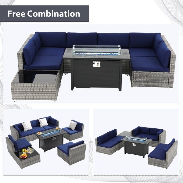 Grey 8Piece Wicker Patio Furniture Set Navy Blue Cushions with Black 45�� 50000 BTU Propane Fire Pit Table