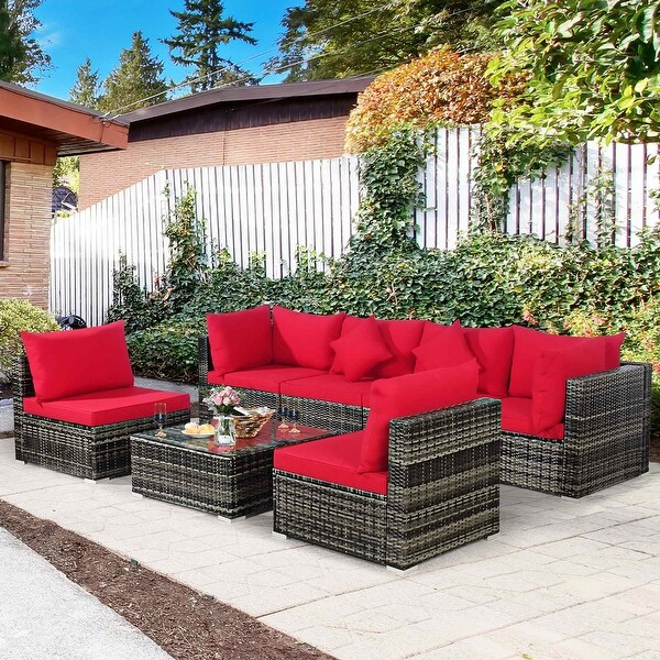 7PCS Patio Rattan Furniture Set Sectional Sofa Garden Cushion