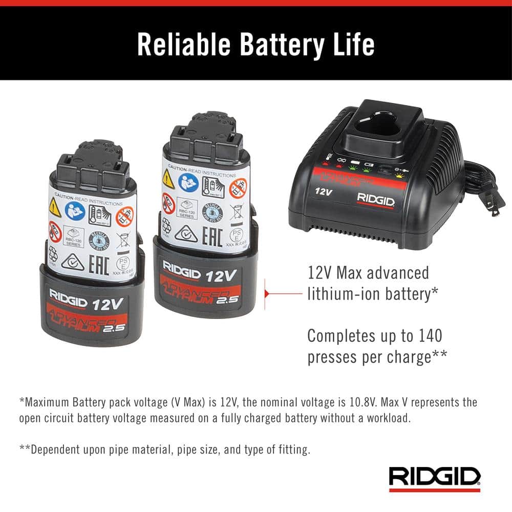 Ridgid RP 241 Compact Inline Press Tool Kit Includes 3 ProPress Jaws (1/2 in., 3/4 in., 1 in.), 2-12V Batteries, Charger + Case 57373