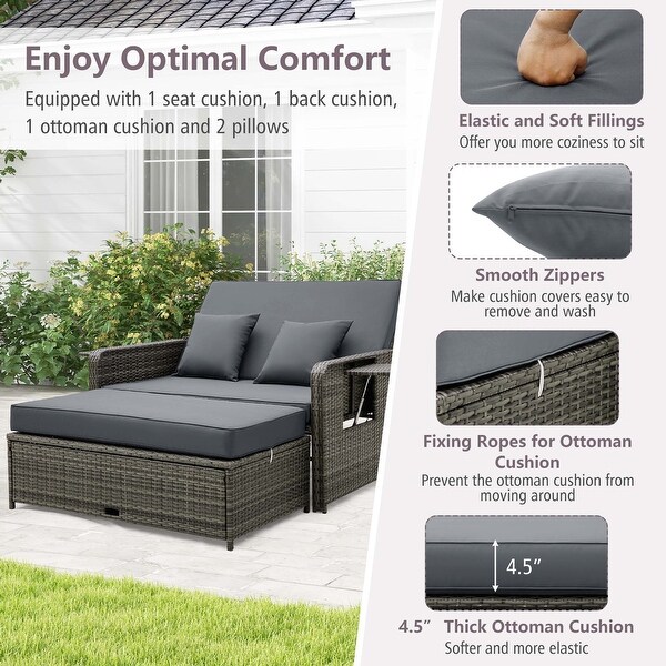 Costway Wicker Loveseat Sofa Set Patio Rattan Daybed with Ottoman and