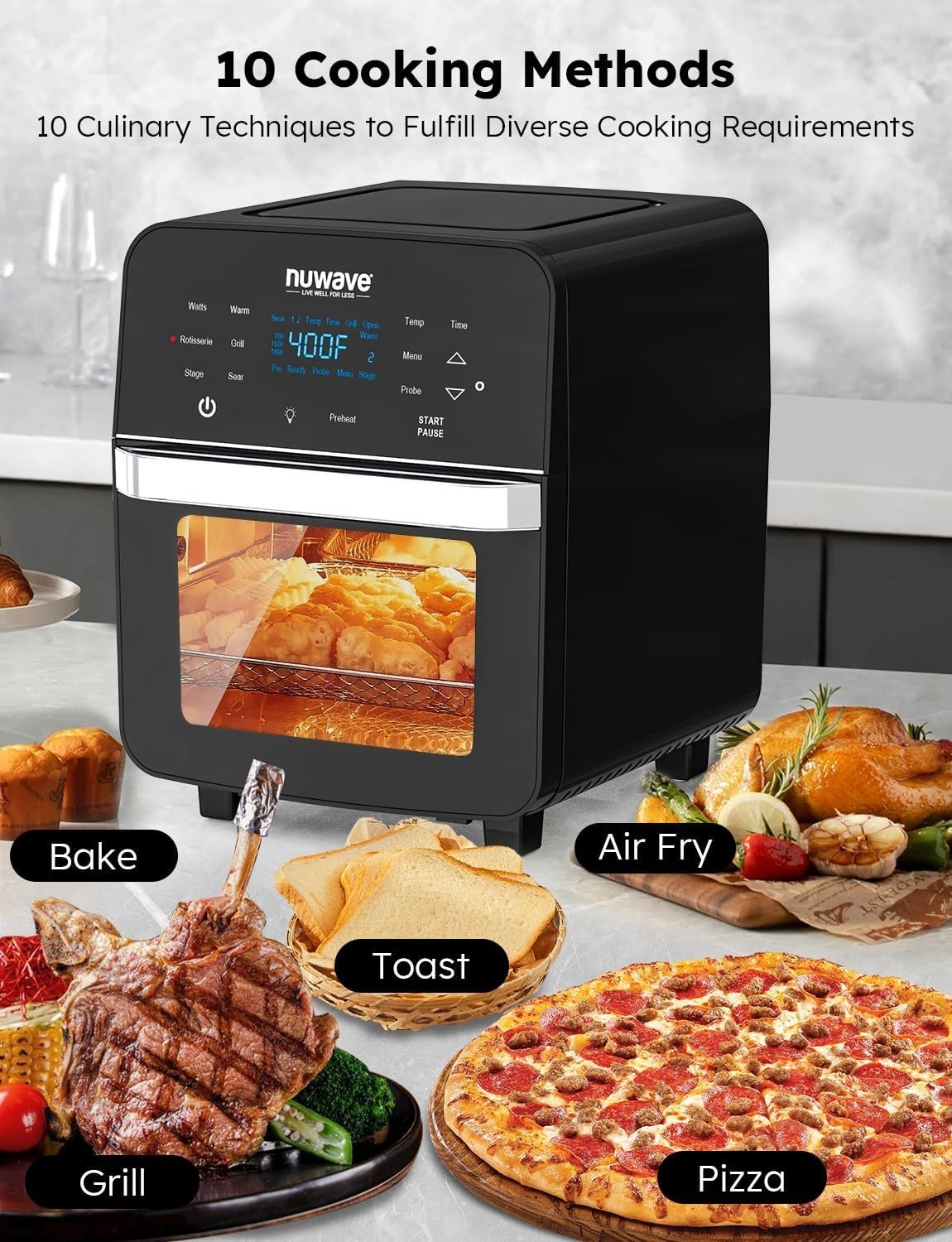 15.5QT XL Air Fryer Oven, 1800W Convection, Smart Thermometer, 100 Presets, Rotisserie & Grill/Griddle, Dishwasher Safe, Black