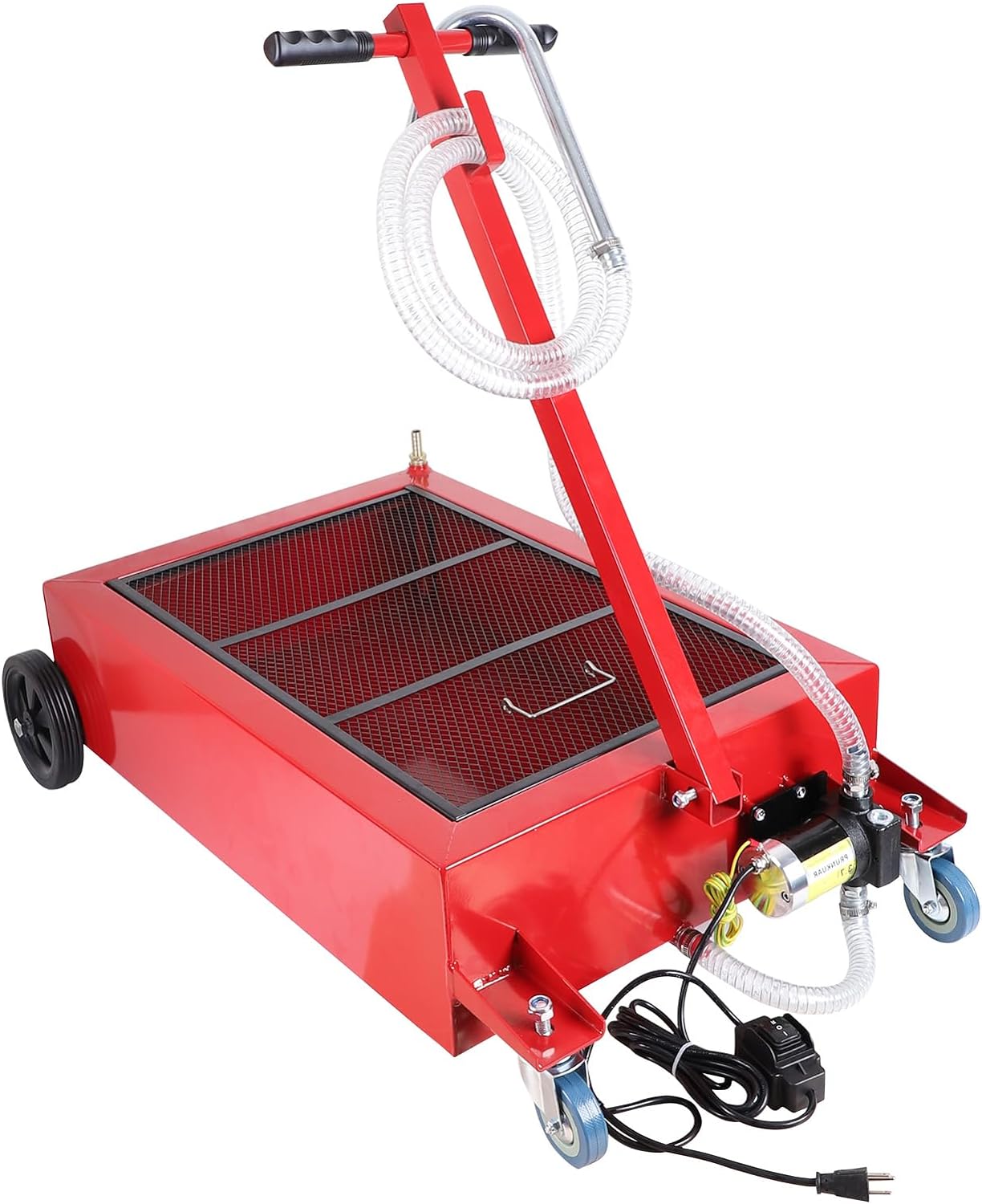 20 Gallon Low Profile Roll Around Oil Drain Pan with 110V Electric Pump 8 Feet Hose for Trucks Cars SUVS Red