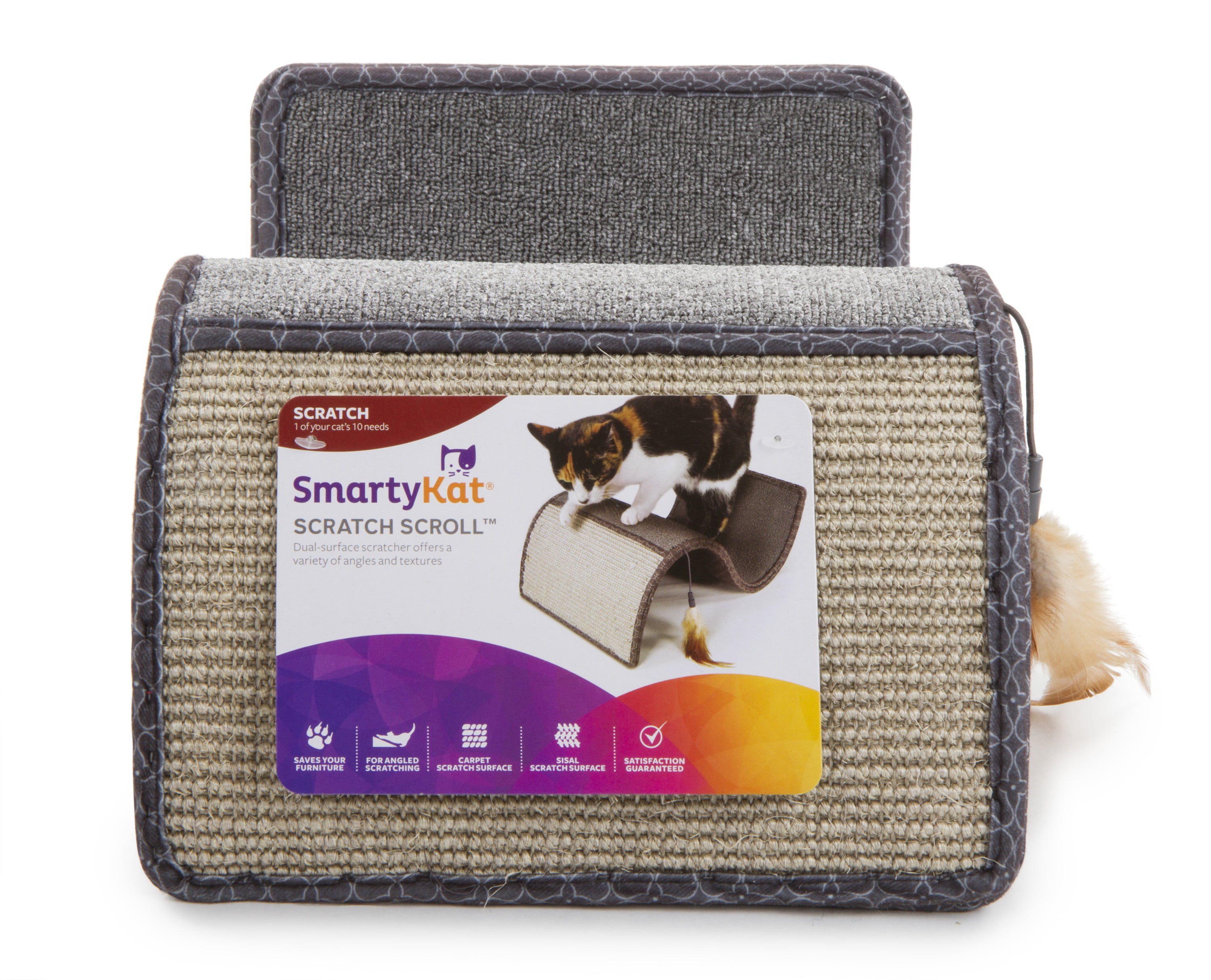 SmartyKat Scratch Scroll with Feather Toy, Multi-Surface Sisal and Carpet Cat Scratcher