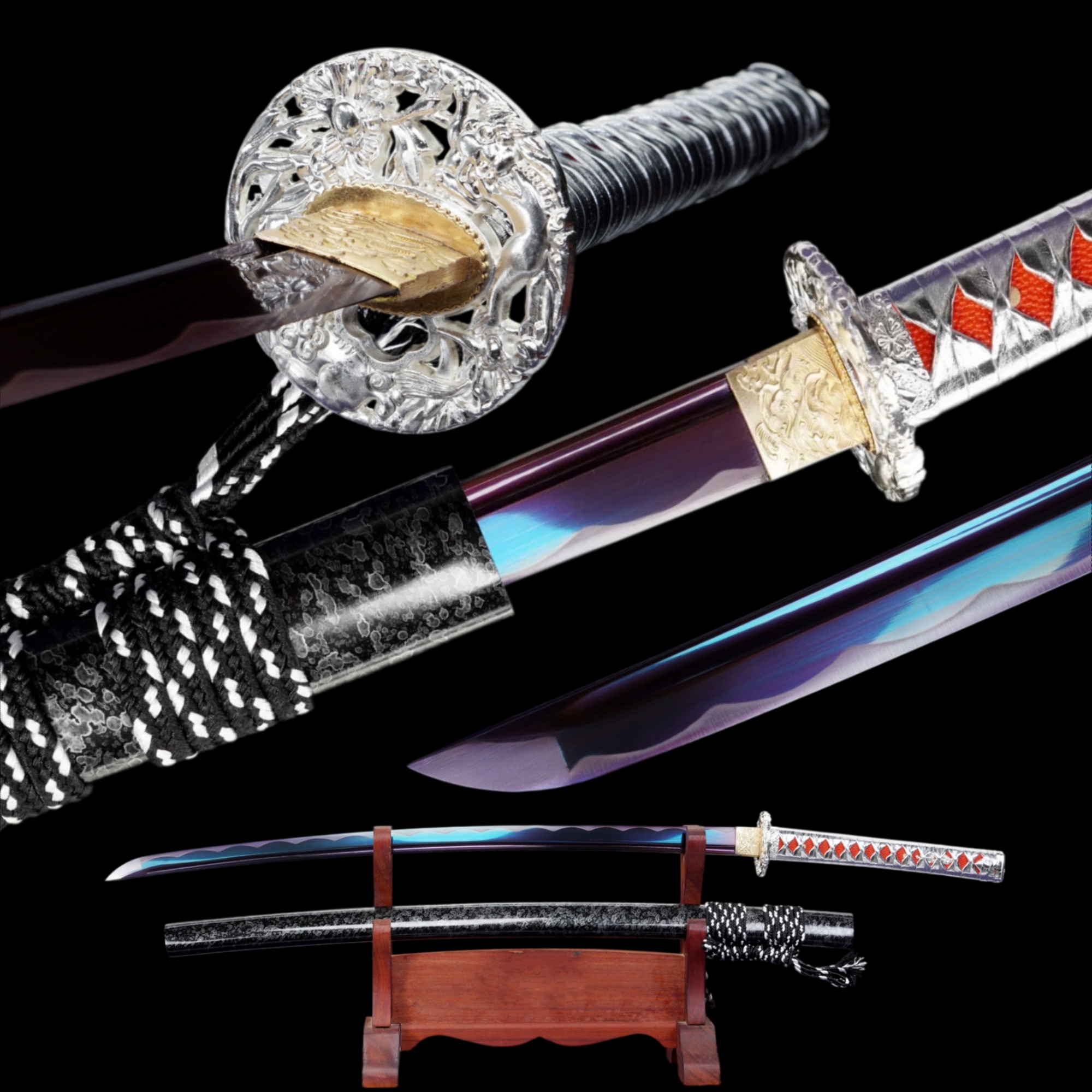 Handmade Katana High Carbon Purple Blade Alloy Tsuba Silver Saya Full Tang