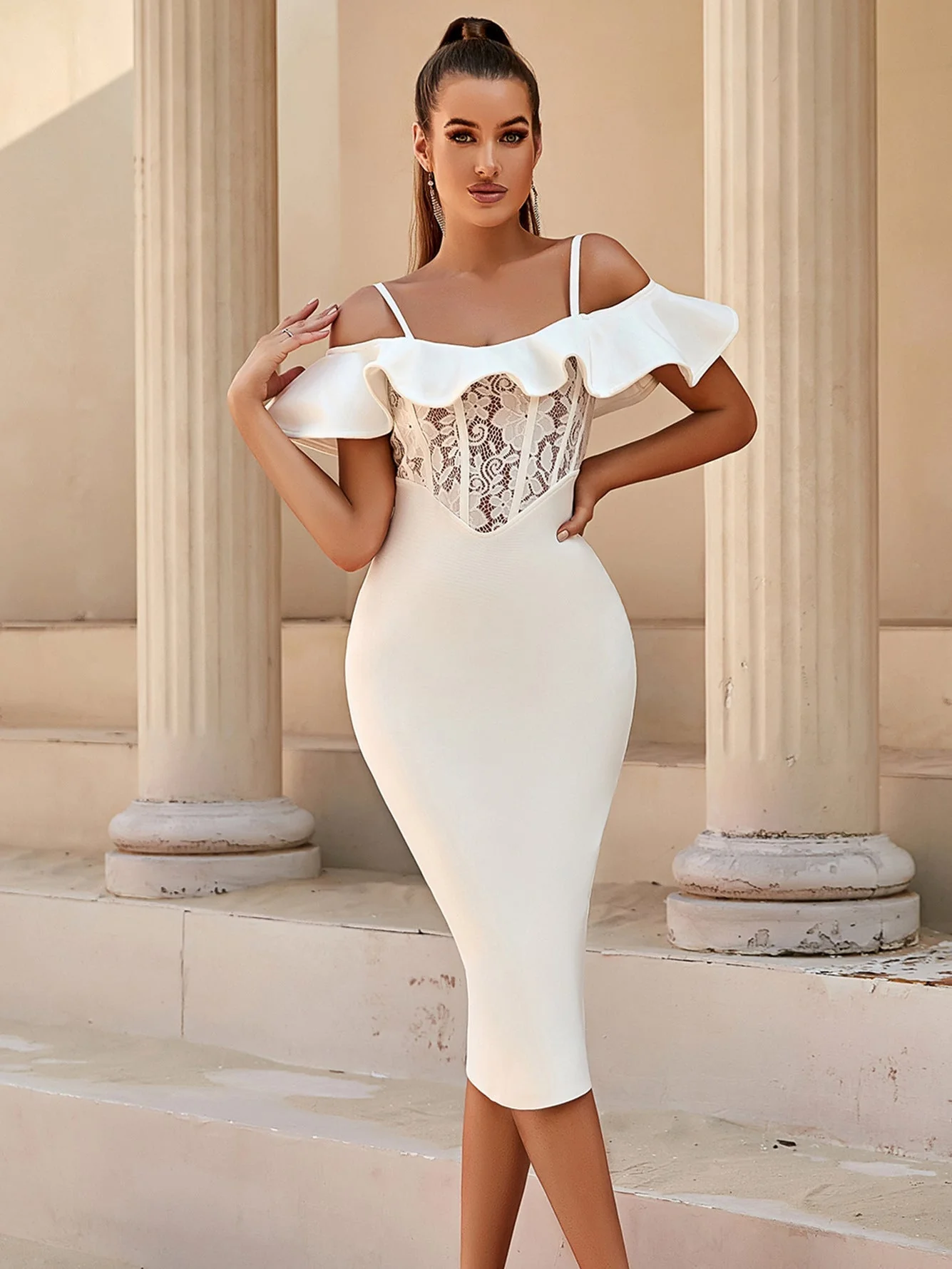 Ruffled Off Shoulder Midi DressClistos