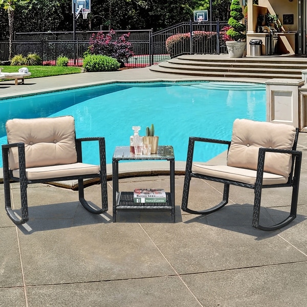 Costway 3PC Patio Rattan Conversation Set Rocking Chair Cushioned Sofa
