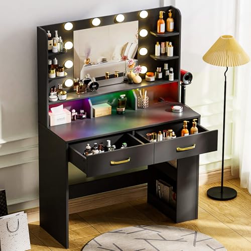 COMHOMA Vanity Desk with Lighted Mirror and Power Outlet, RGB LED Lights Makeup Vanity Set for Girls, Large Storage Capacity Dressing Table for Bedroom, 3 Lighting Modes Adjustable Brightness, White