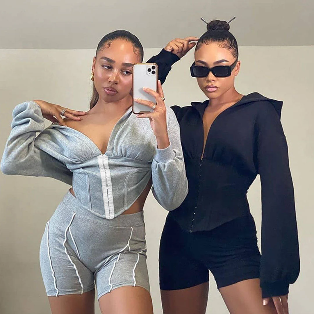 Deep V Cropped Hoodie with Hook & Eye DetailClistos