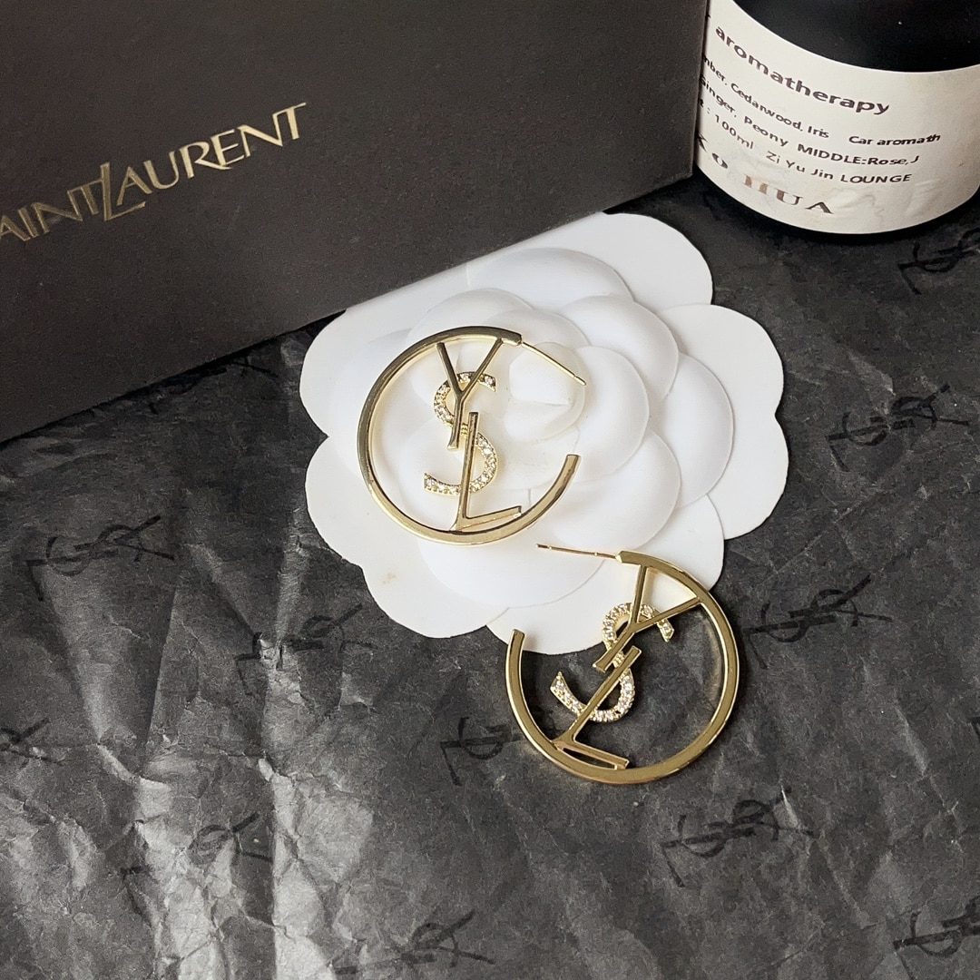 Saint Laurent Ysl Hoop Earrings With Crystal Silver Tone