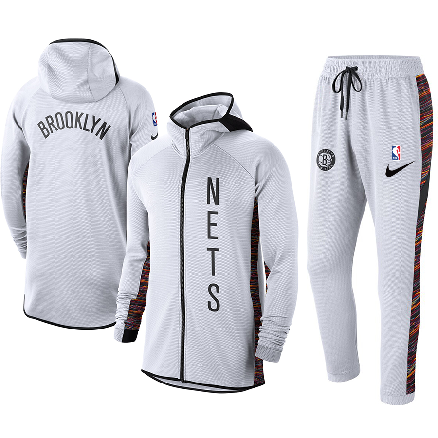 Men's Brooklyn Nets White 2019/20 Showtime Full-Zip Therma Flex Performance Hoodie