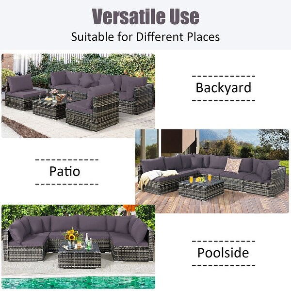 7PCS Patio Rattan Furniture Set Sectional Sofa Garden Cushion